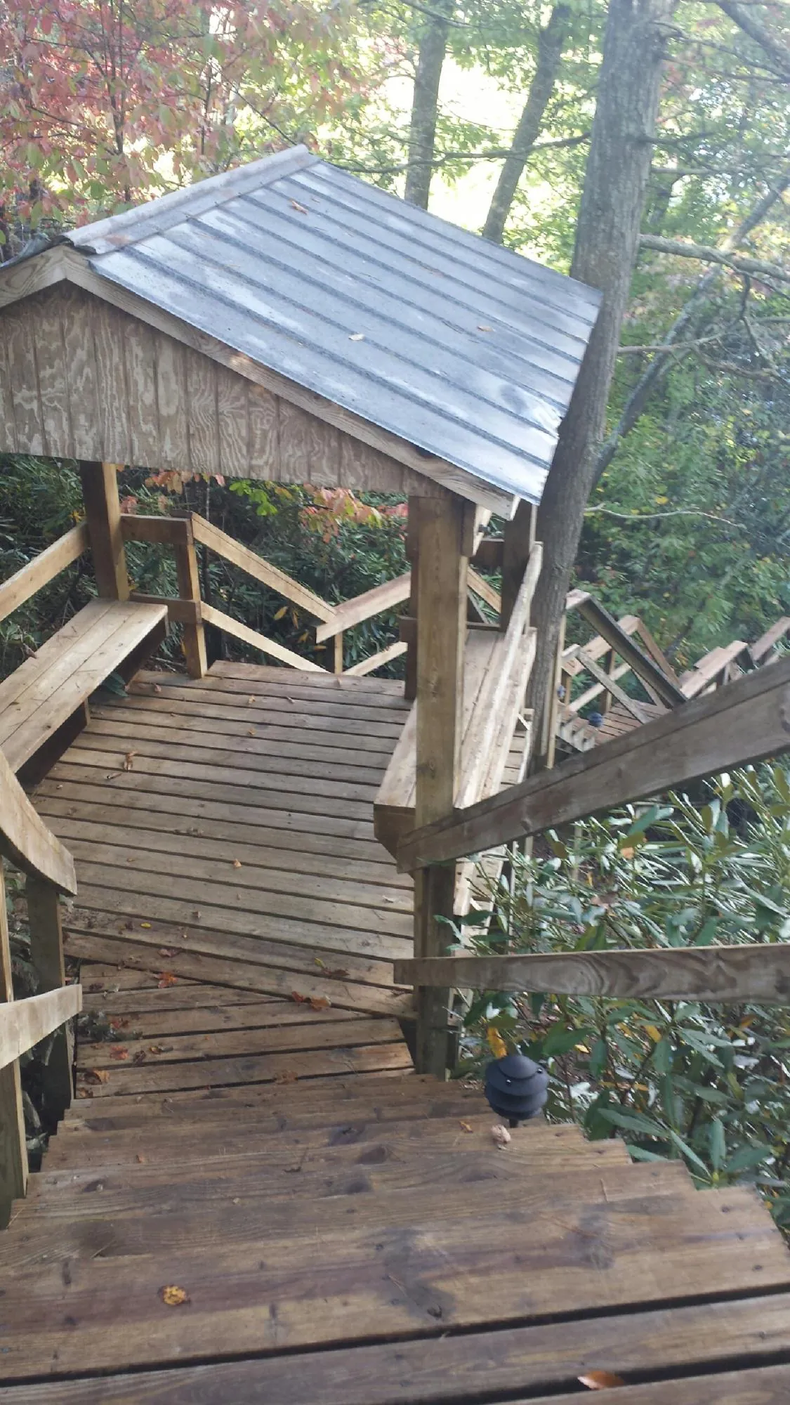 Metal roofed shelter over wooden steps on a wooded walkway — Skylight Repair & Installation work by our crew in Randalia